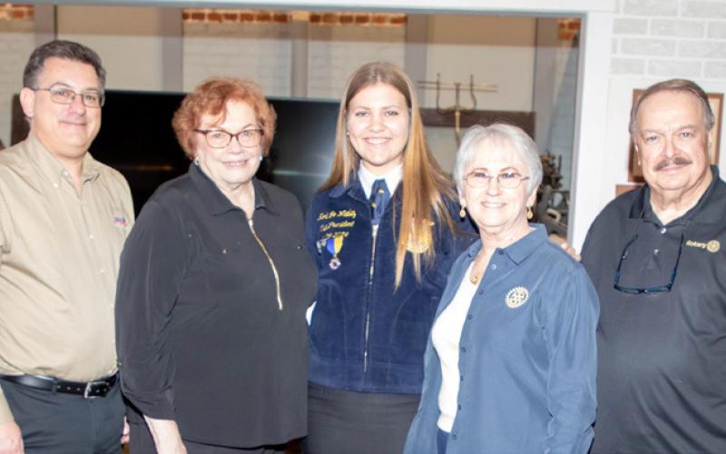 Durant FFA member Kori Jo Whitley, middle, participated in the Rotary Four-Way Test Speech Contest. She is shown with Rotarians from left, President Jeremiah Lynch, Barbara Buchanan, Patty Swink and Jim Swink.