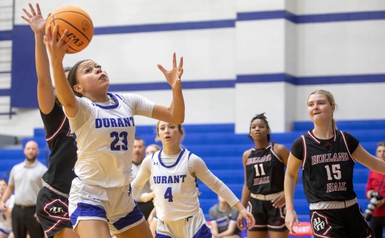 Durant Lady Lions Abrianna Freeman and Rachel Cordell are shown in the game with Holland Hall. Matt Swearengin | Durant Democrat