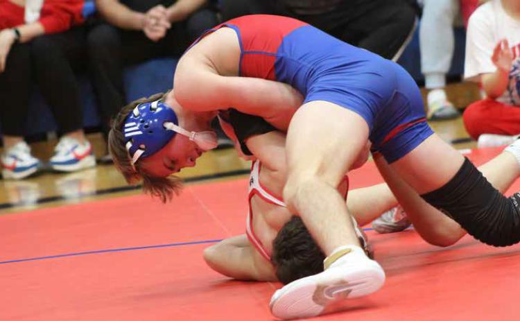 Kevin Farr | For the Democrat Lion Aiden Polk wrestles in last week’s dual with Plainview.