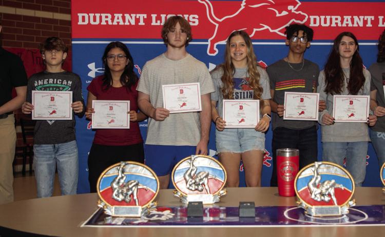 Athletic awards were presented at the Durant High School wrestling banquet earlier this month and the following freshmen received awards: Evan Smith, Canan Walls, Mariana Ramirez, Caiden Pepperman, Chloe Marlow, Shawn Humphrey, Olivia Frazer and Cedar Derby. Matt Swearengin | Durant Democrat